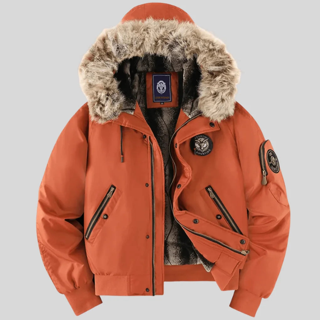 Orange Women's Padded Bomber Jacket with Faux-Fur Hood & Ribbed Trim