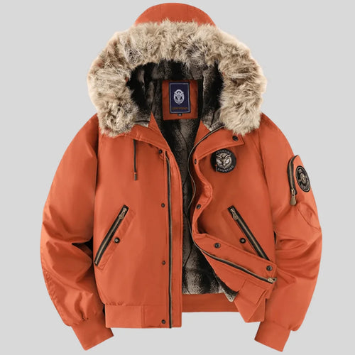 Orange Women's Padded Bomber Jacket with Faux-Fur Hood & Ribbed Trim