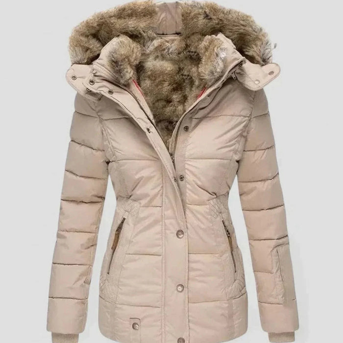 Beige Women's Padded Winter Jacket with Faux Fur Hood & Zip-Snap Closure — Morgan
