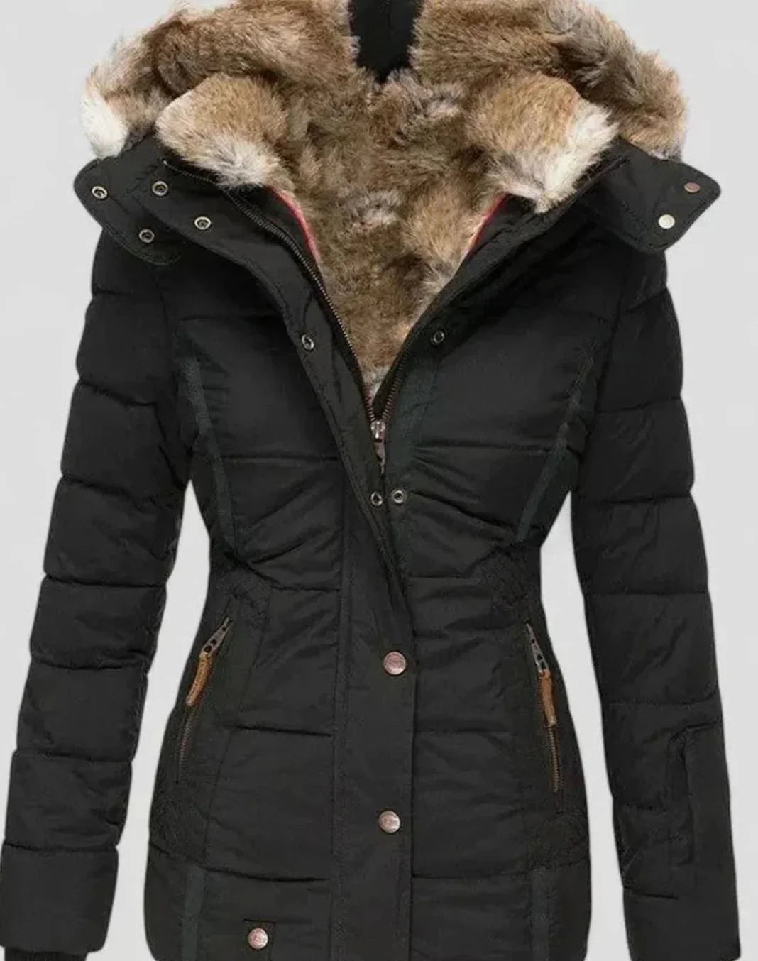 Black Women's Padded Winter Jacket with Faux Fur Hood & Zip-Snap Closure — Morgan