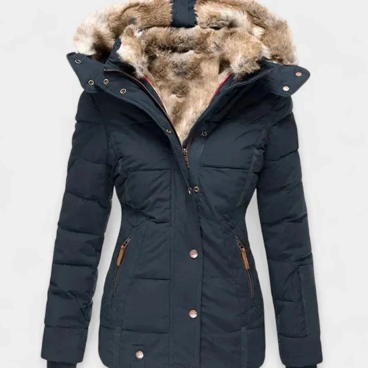 Blue Women's Padded Winter Jacket with Faux Fur Hood & Zip-Snap Closure — Morgan