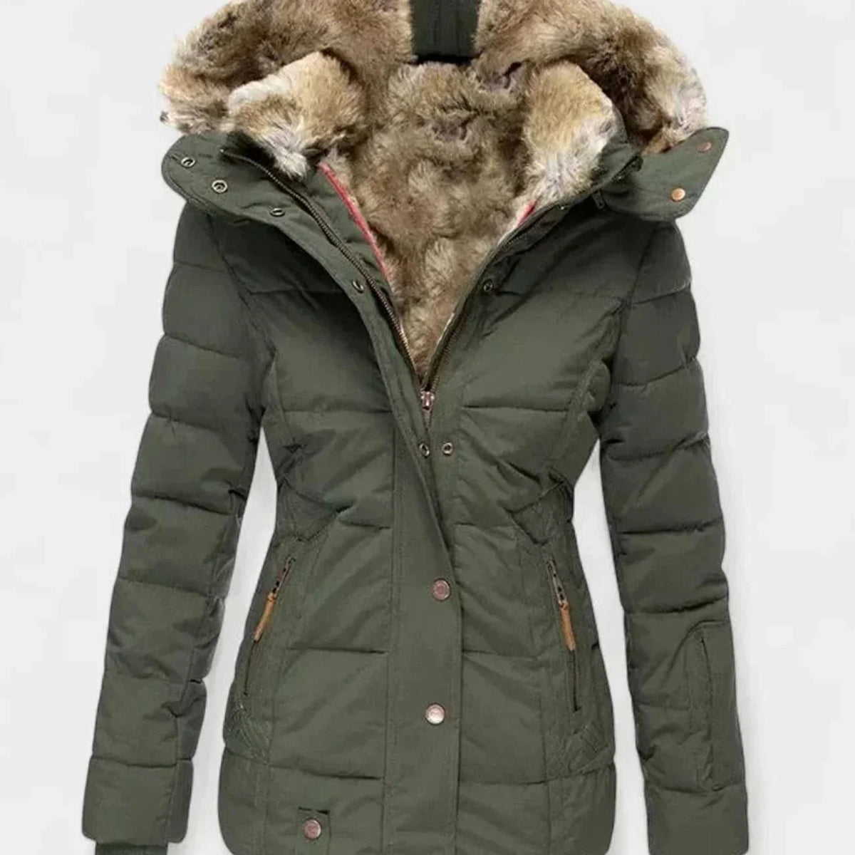 Green Women's Padded Winter Jacket with Faux Fur Hood & Zip-Snap Closure — Morgan