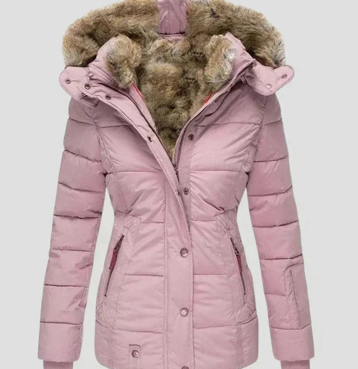 Pink Women's Padded Winter Jacket with Faux Fur Hood & Zip-Snap Closure — Morgan