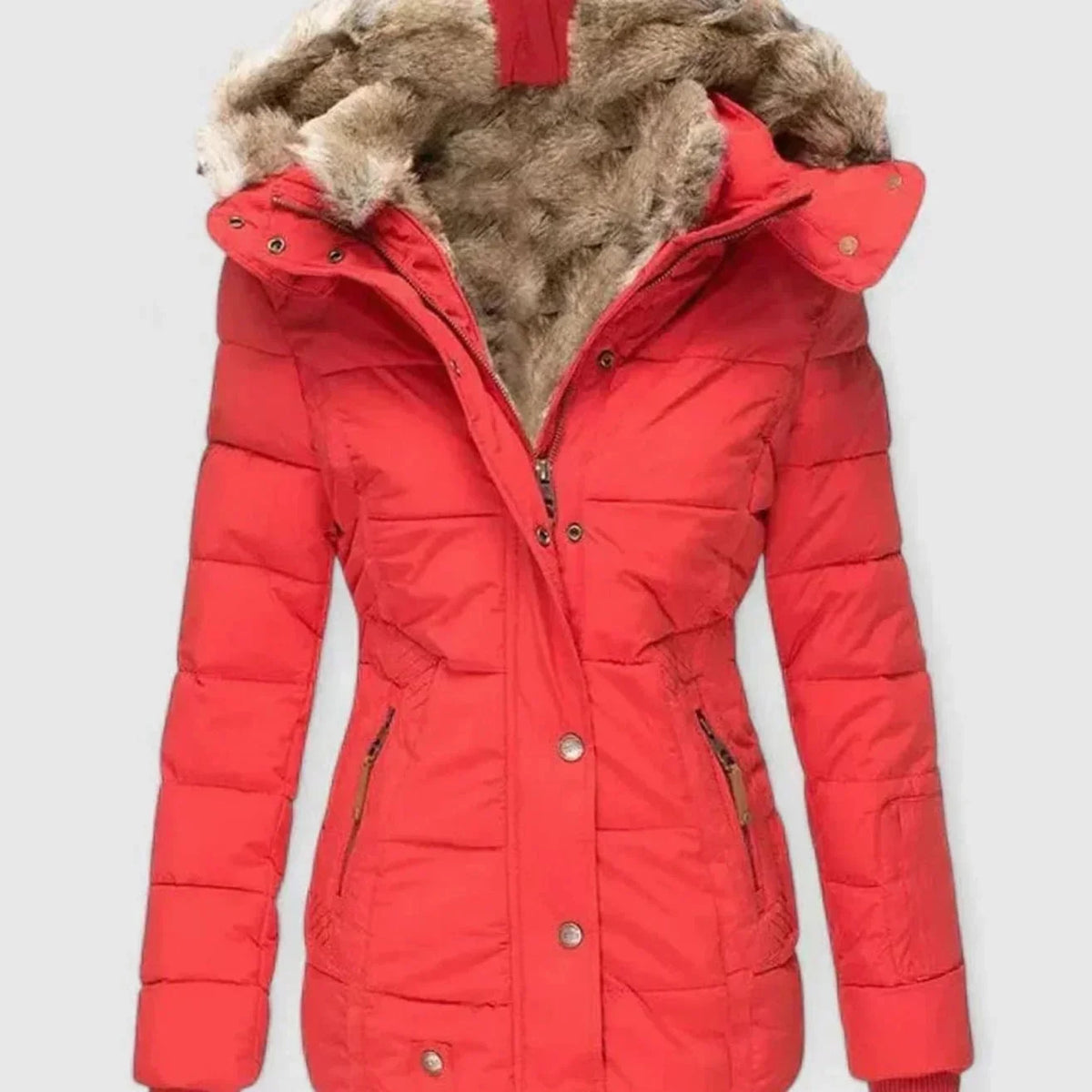 Red Women's Padded Winter Jacket with Faux Fur Hood & Zip-Snap Closure — Morgan