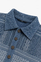 Women's Patchwork Knit Blouse with Denim Collar & Relaxed Fit - Close Up Collar Buttons