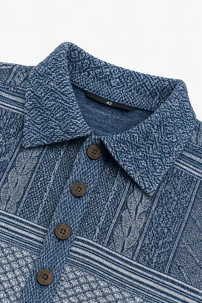 Women's Patchwork Knit Blouse with Denim Collar & Relaxed Fit - Close Up Collar Buttons