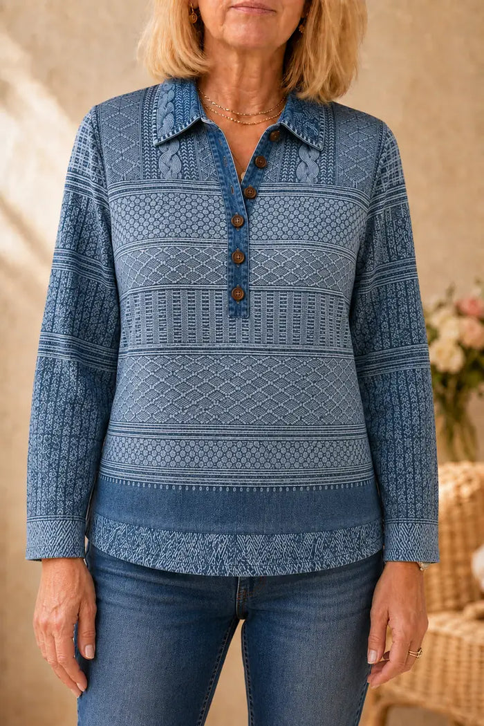 Women's Patchwork Knit Blouse with Denim Collar & Relaxed Fit - Front Full Necklace