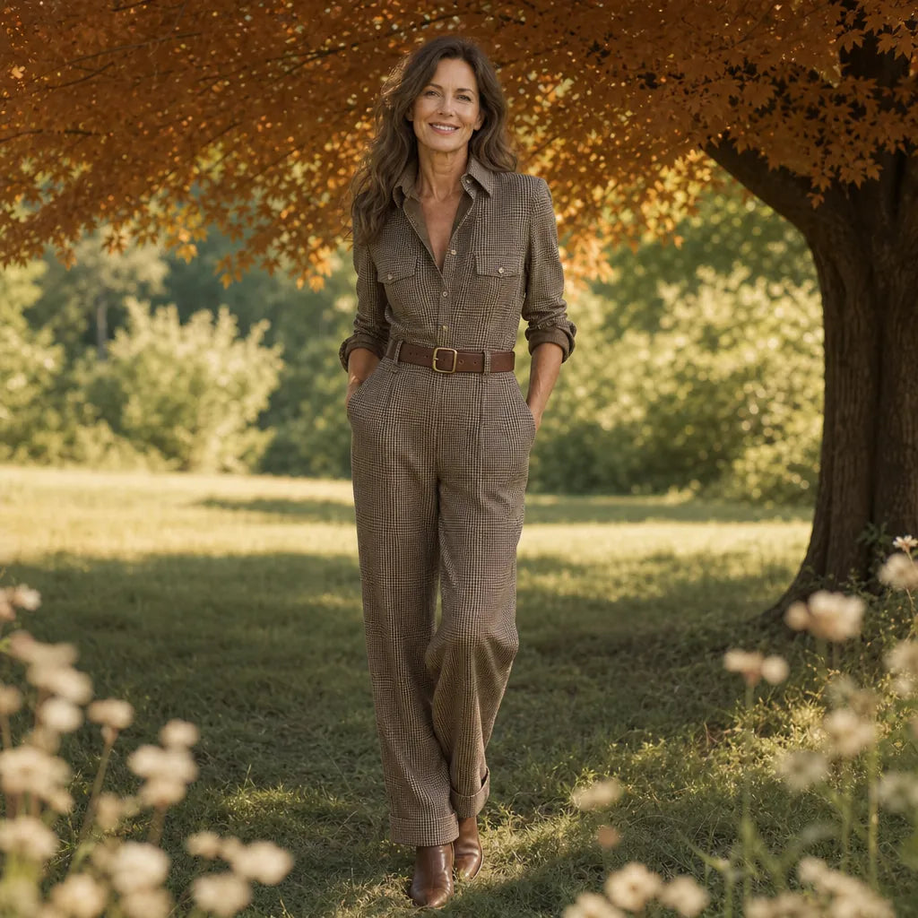Brown Women's Brown Plaid Jumpsuit — Simone Button-Front Belted Tailored - Front Full