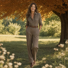 Women's Brown Plaid Jumpsuit — Simone Button-Front Belted Tailored