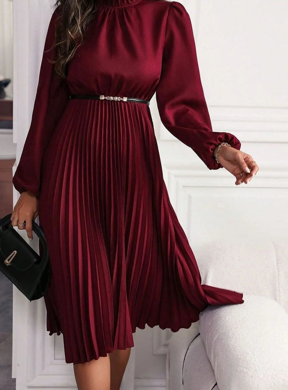 Burgundy Women's Pleated Midi Evening Dress with Lantern Sleeves & Mock Neck