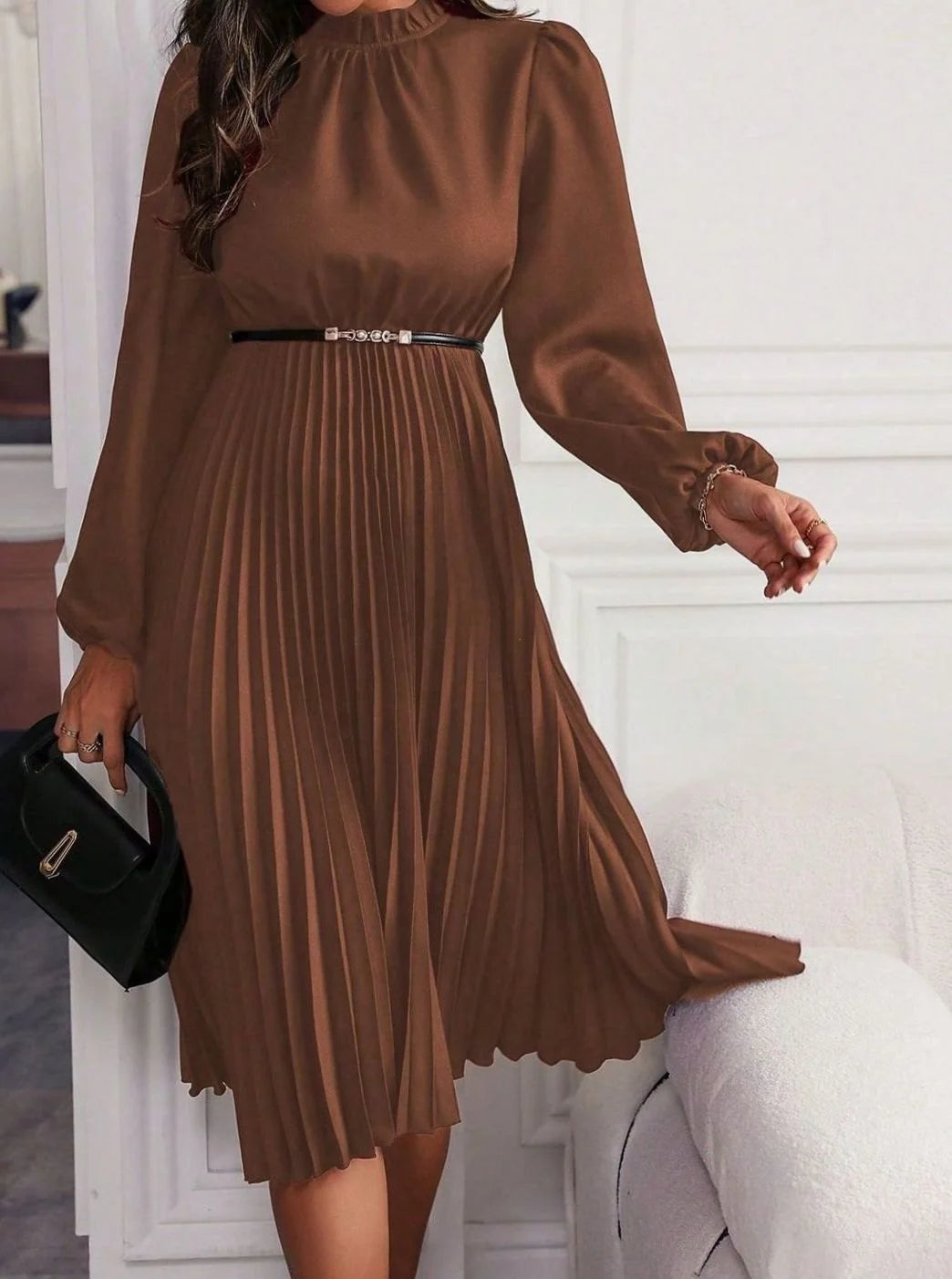Chestnut Brown Women's Pleated Midi Evening Dress with Lantern Sleeves & Mock Neck - Side Pose
