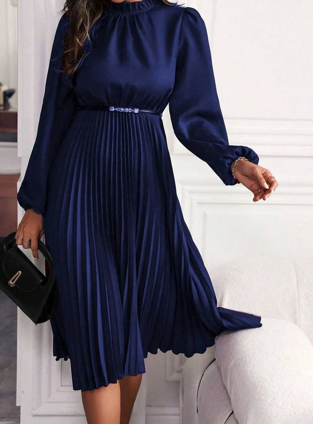 Dark Blue Women's Pleated Midi Evening Dress with Lantern Sleeves & Mock Neck - Close Up Belt