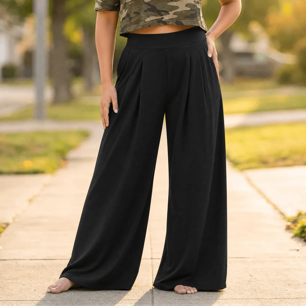 Women's Pleated Palazzo Pants with High-Waisted Wide-Leg Drape