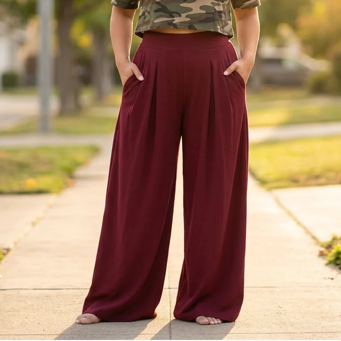 Burgundy Women's Pleated Palazzo Pants with High-Waisted Wide-Leg Drape - Front Full