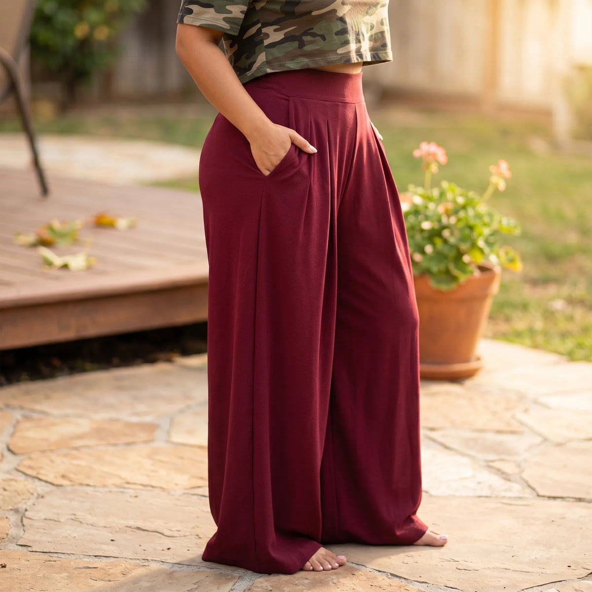 Women's Pleated Palazzo Pants with High-Waisted Wide-Leg Drape - Side Pose