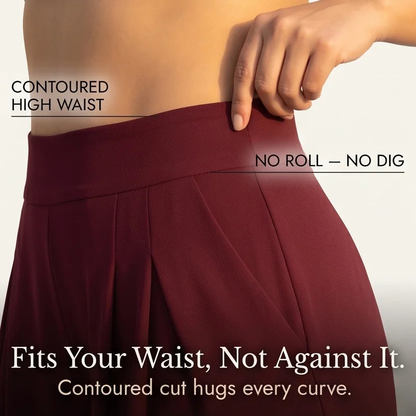 Women's Pleated Palazzo Pants with High-Waisted Wide-Leg Drape - Waist Detail Closeup