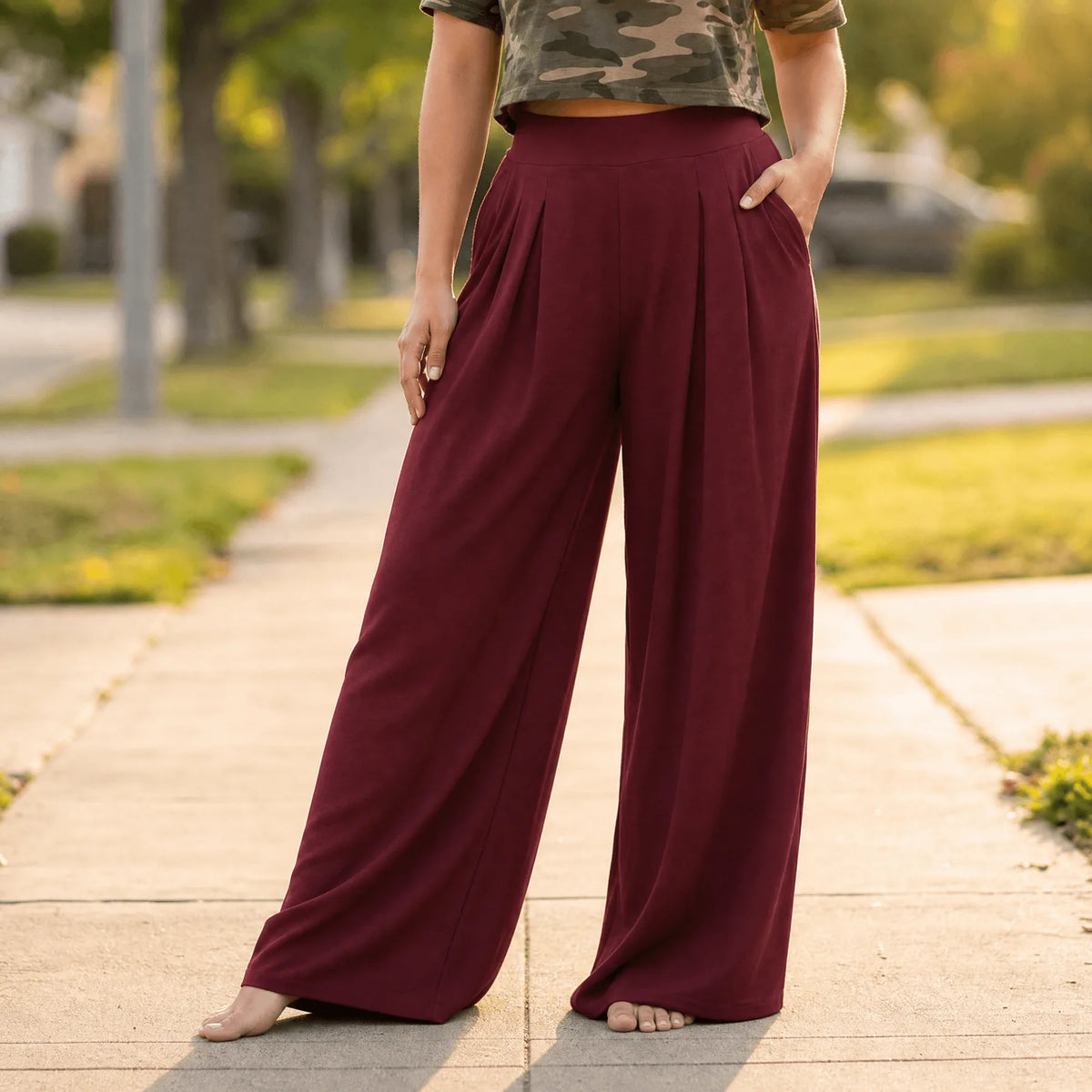 Women's Pleated Palazzo Pants with High-Waisted Wide-Leg Drape