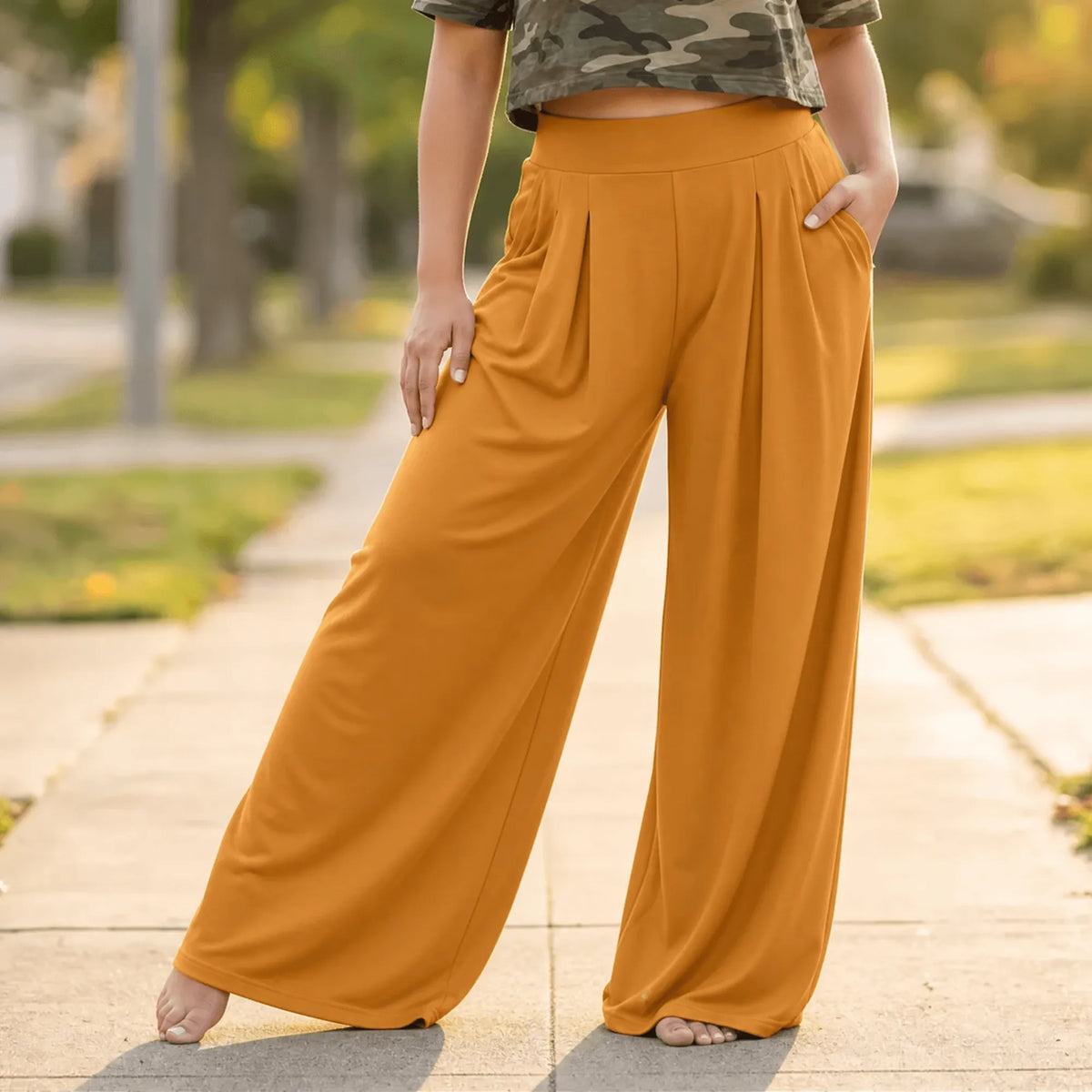 Yellow Orange Women's Pleated Palazzo Pants with High-Waisted Wide-Leg Drape