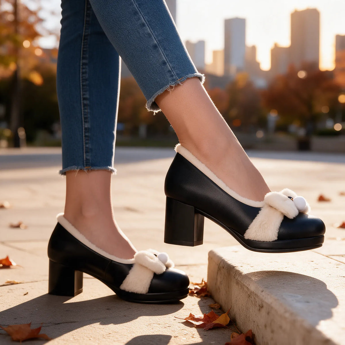 Women's Winter Pumps with Plush Bow & Block Heel - Worn Stepping Curb