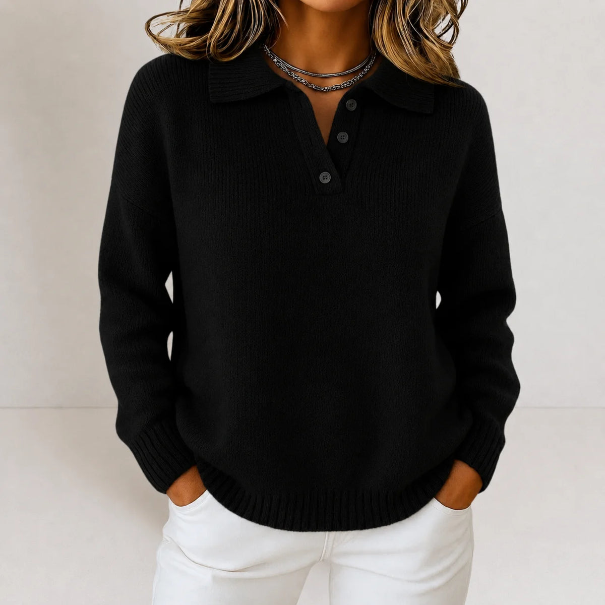 Black Women's Polo Collar Knit Sweater with Three-Button Opening & Hip Length