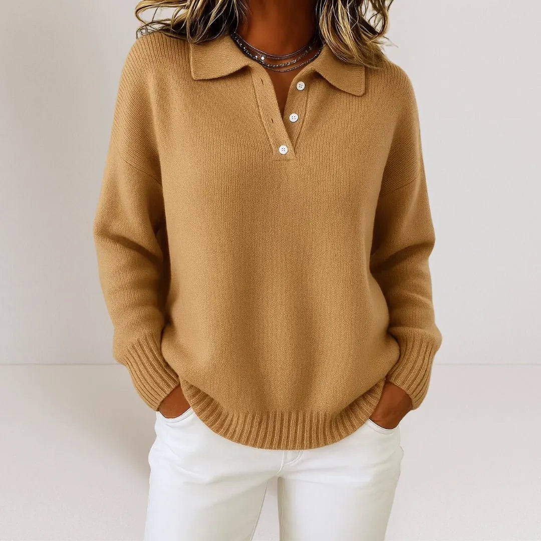 Brown Women's Polo Collar Knit Sweater with Three-Button Opening & Hip Length