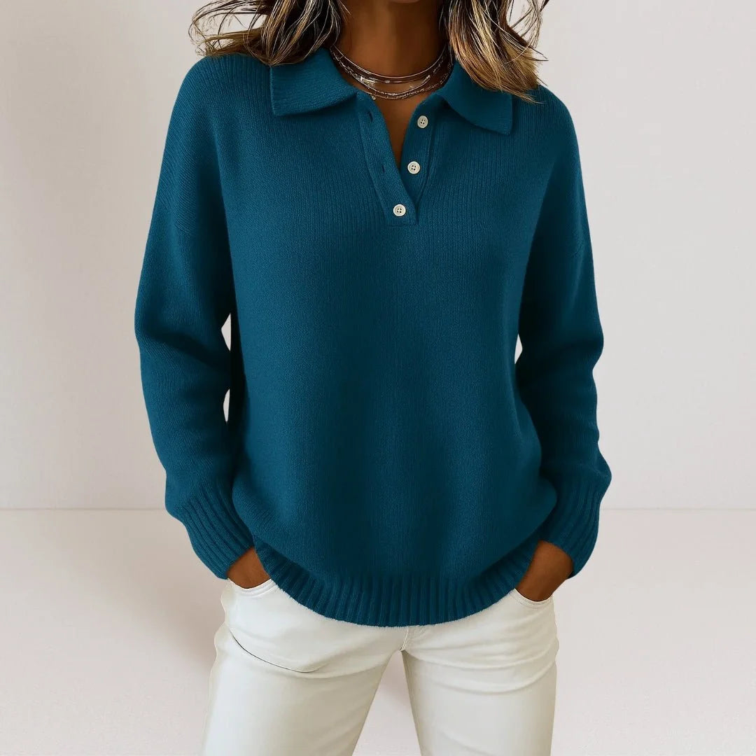 Dark Blue Women's Polo Collar Knit Sweater with Three-Button Opening & Hip Length