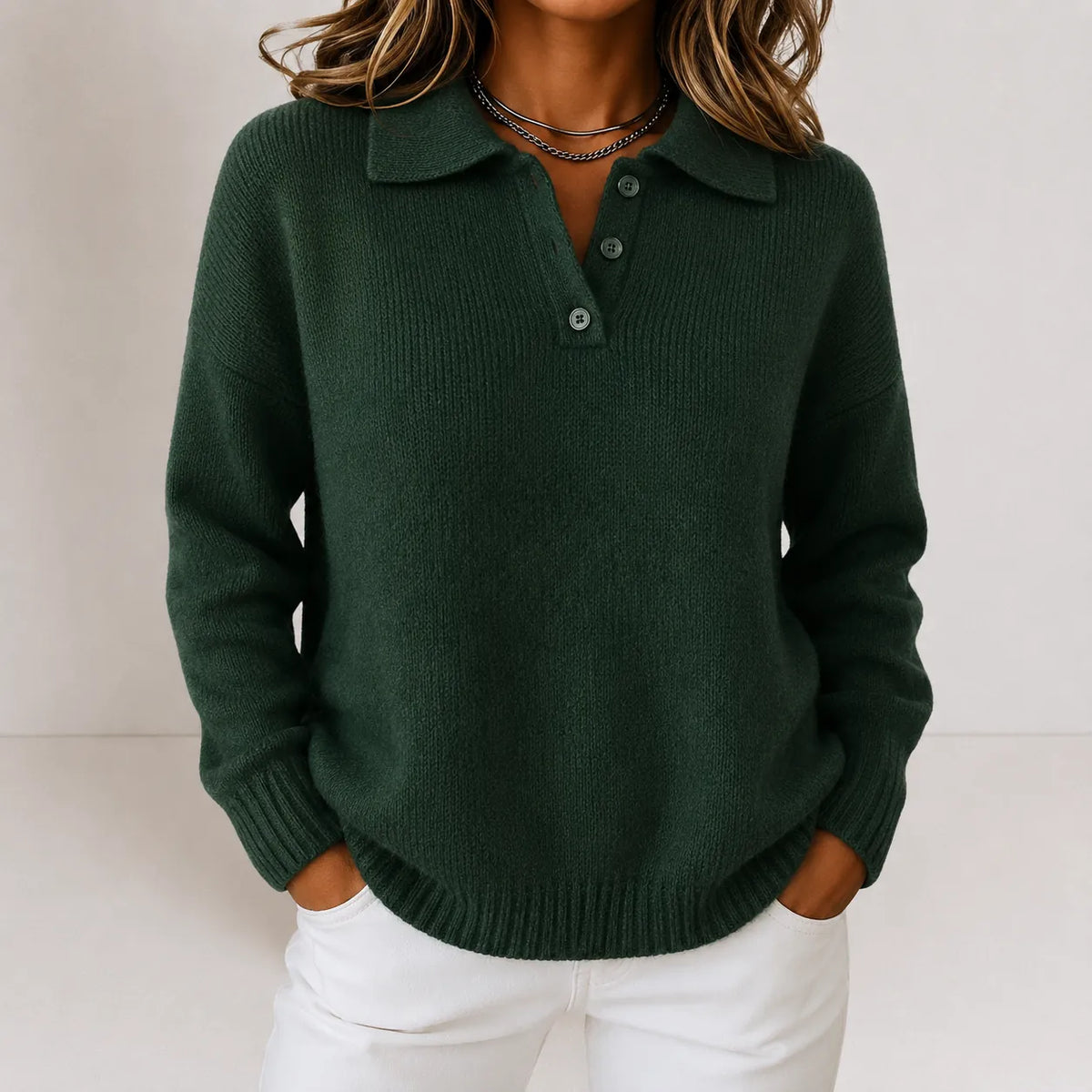 Green Women's Polo Collar Knit Sweater with Three-Button Opening & Hip Length