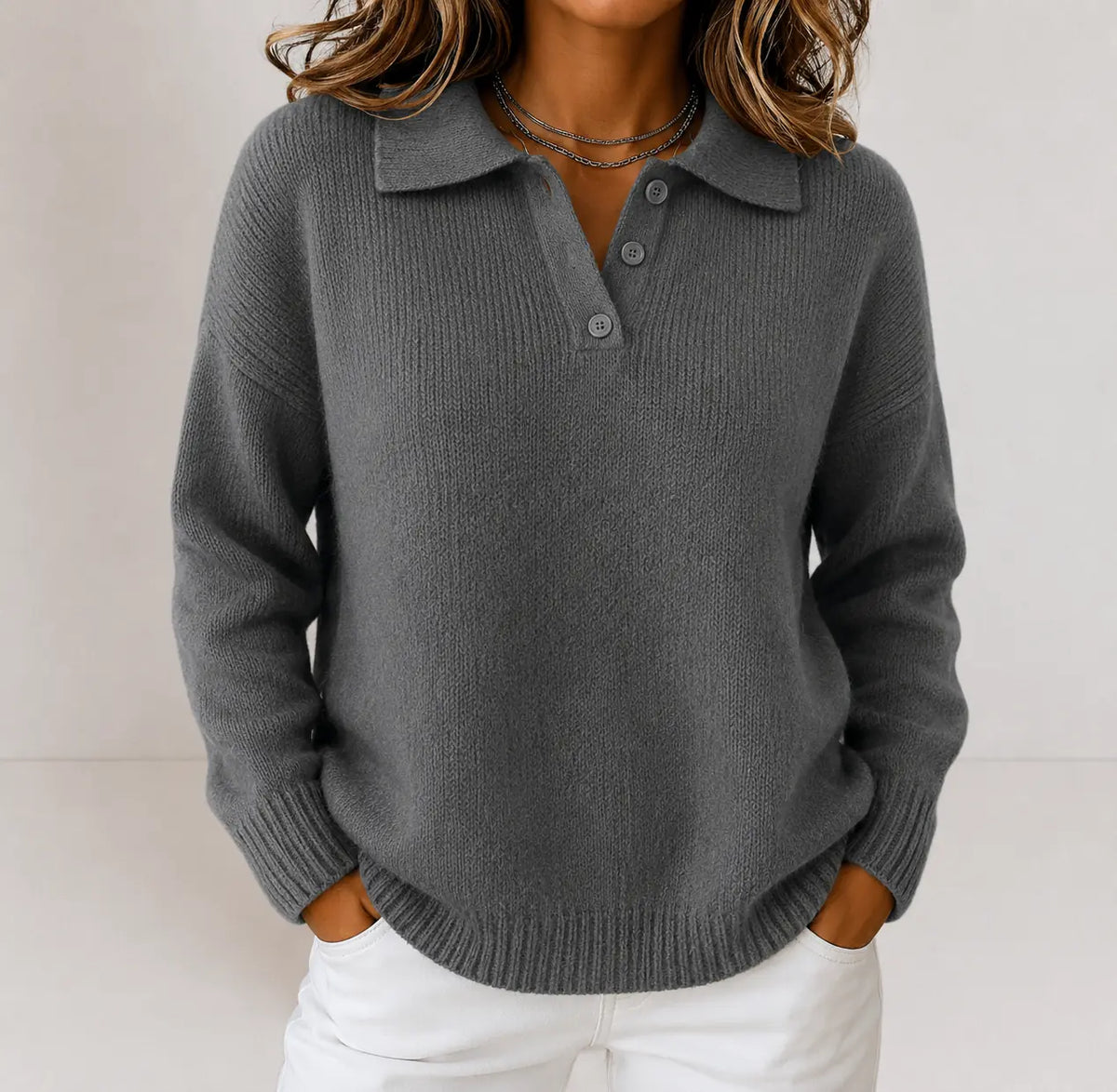 Grey Women's Polo Collar Knit Sweater with Three-Button Opening & Hip Length