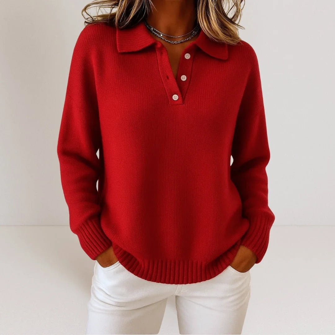 Red Women's Polo Collar Knit Sweater with Three-Button Opening & Hip Length