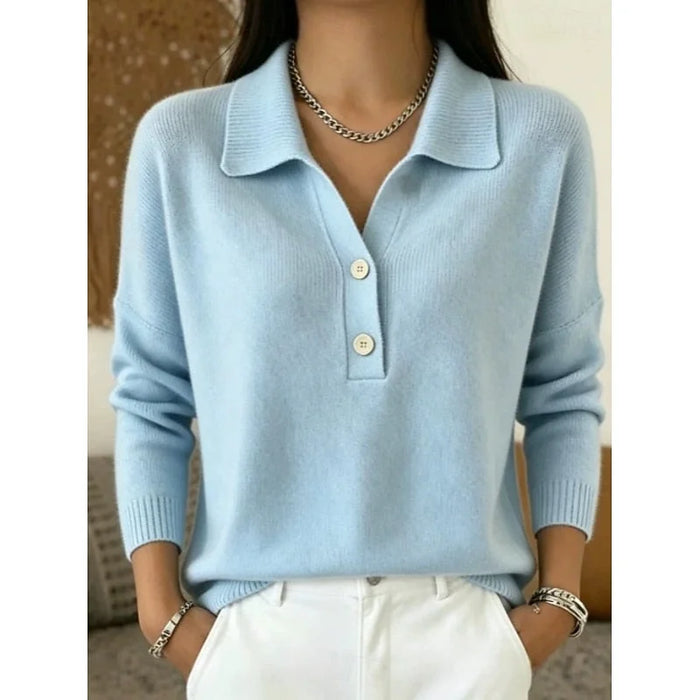 Blue Women's Polo Collar Sweater with Dropped Shoulders & Relaxed Fit
