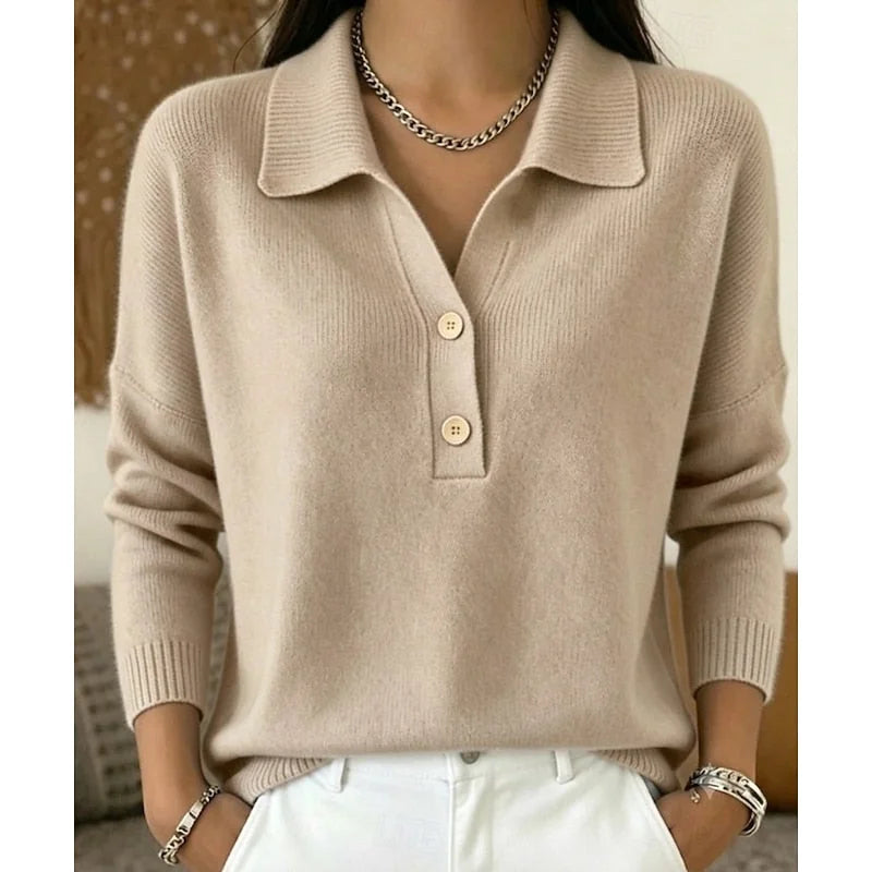 Khaki Women's Polo Collar Sweater with Dropped Shoulders & Relaxed Fit