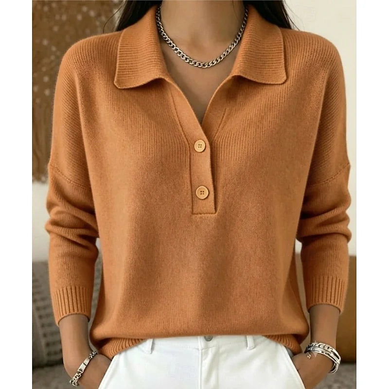 Light Brown Women's Polo Collar Sweater with Dropped Shoulders & Relaxed Fit - Studio Detail