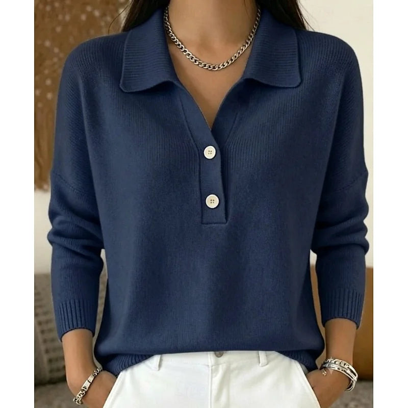 Dark Blue Women's Polo Collar Sweater with Dropped Shoulders & Relaxed Fit - Worn Lifestyle