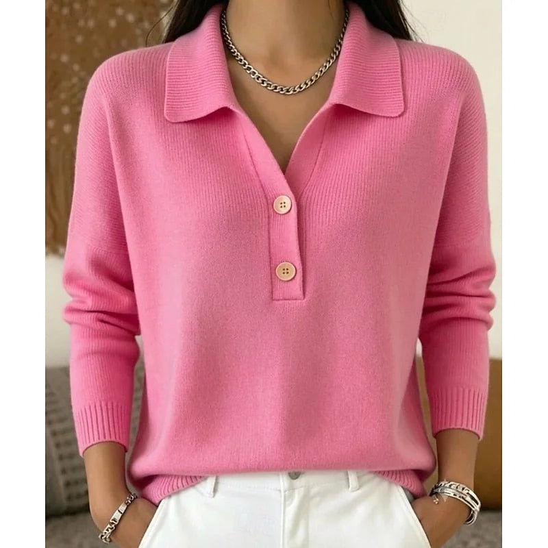 Pink Women's Polo Collar Sweater with Dropped Shoulders & Relaxed Fit
