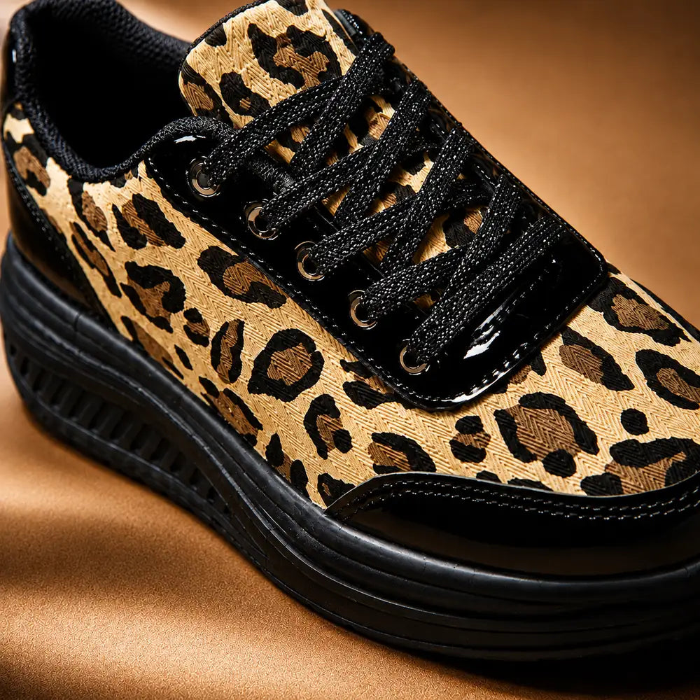 Women's Platform Sneakers in Leopard Print with Mirror-Metallic Accents - Close Up Lace