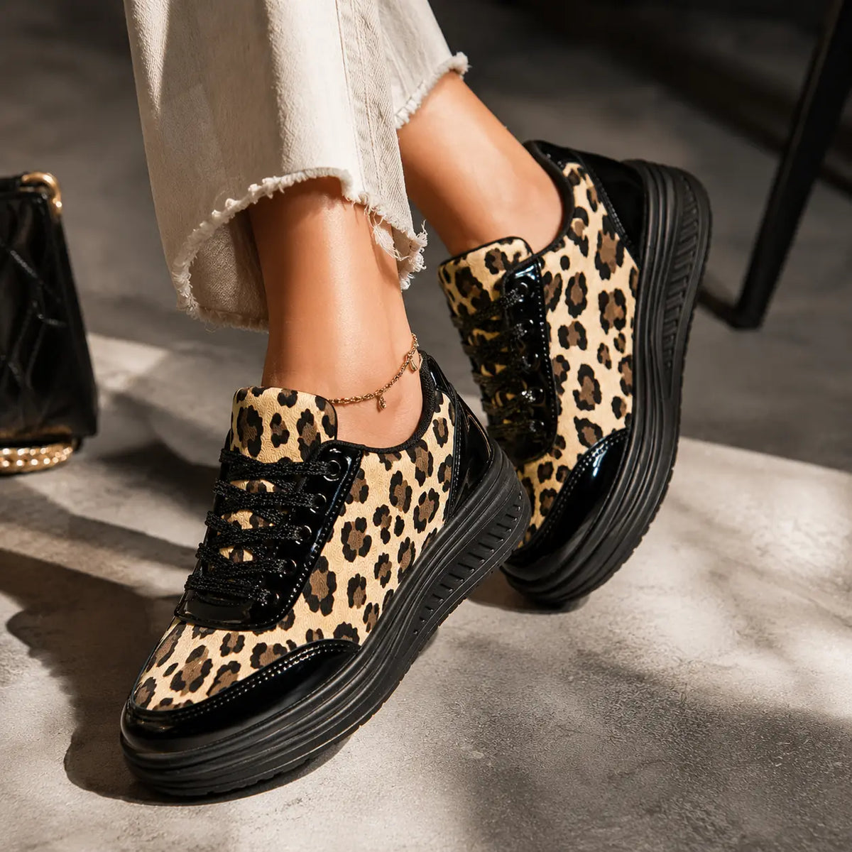 Women's Platform Sneakers in Leopard Print with Mirror-Metallic Accents - Worn Lifestyle