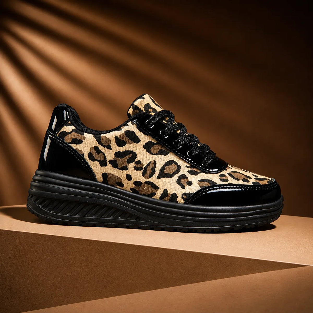 Black Women's Platform Sneakers in Leopard Print with Mirror-Metallic Accents