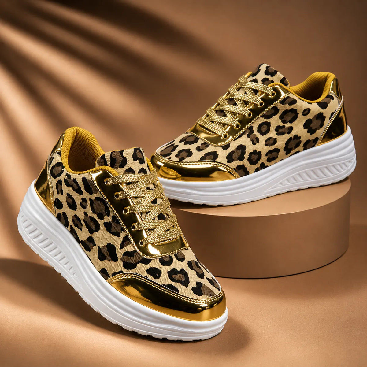 Women's Platform Sneakers in Leopard Print with Mirror-Metallic Accents - Pair Angle