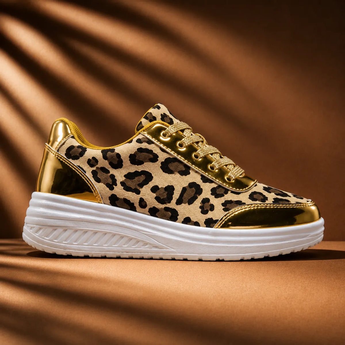 Gold Women's Platform Sneakers in Leopard Print with Mirror-Metallic Accents