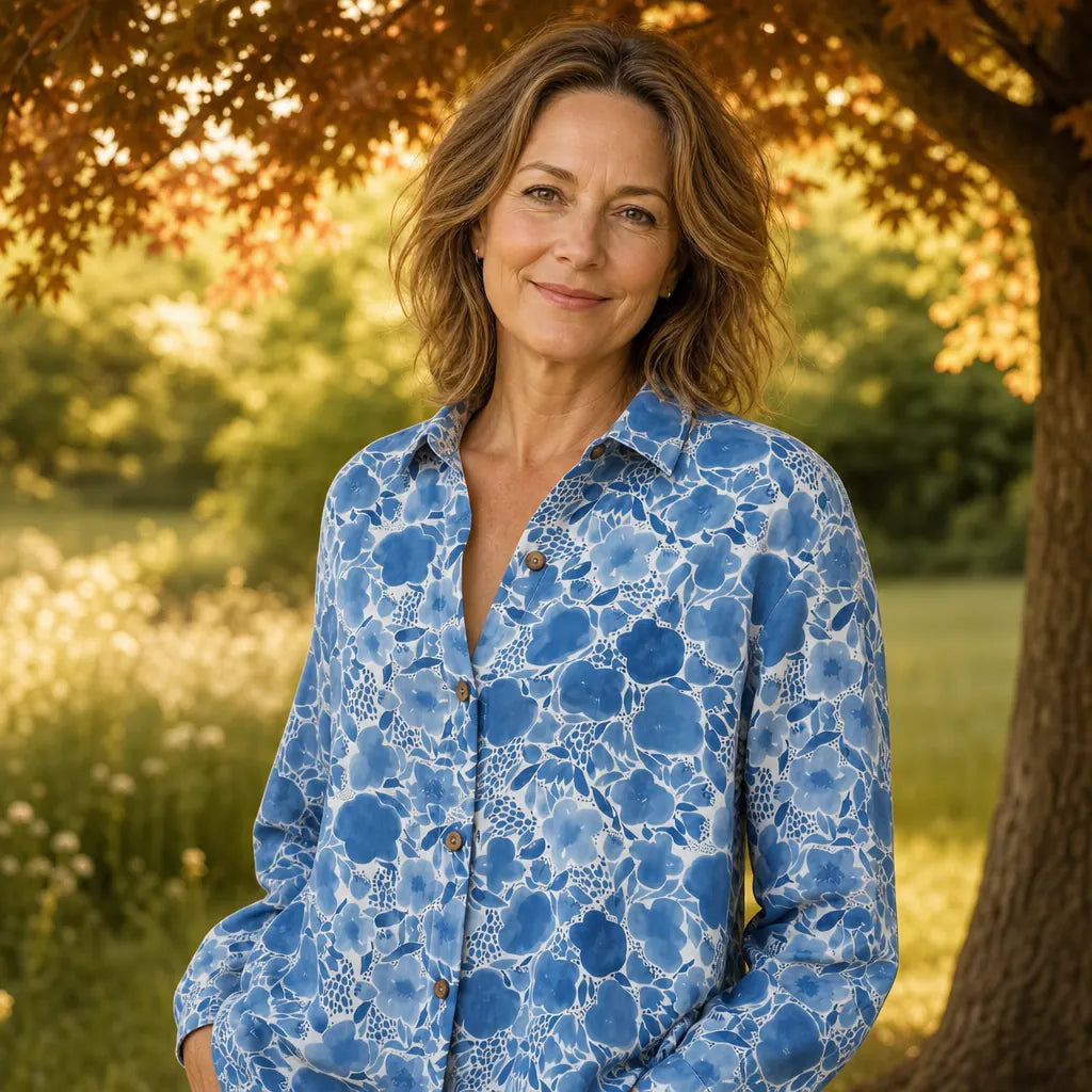 Blue Women's Floral Print Blouse — Amelia Split Neck Long Sleeve - Front Full