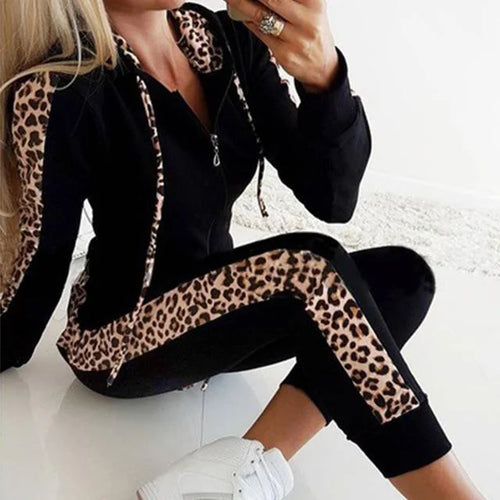 Black Women's Leopard-Print Zip-Up Tracksuit with Contrast Stripe Hoodie & Joggers
