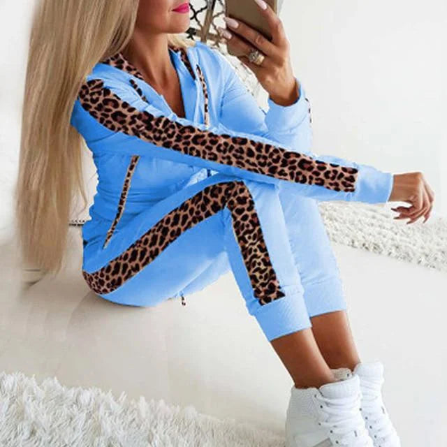 Blue Women's Leopard-Print Zip-Up Tracksuit with Contrast Stripe Hoodie & Joggers