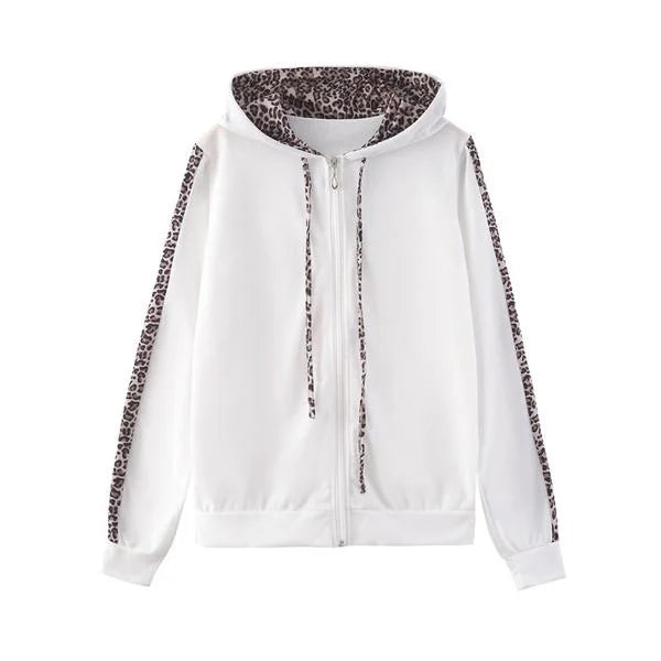 Women's Leopard-Print Zip-Up Tracksuit with Contrast Stripe Hoodie & Joggers - Flat Lay Hoodie