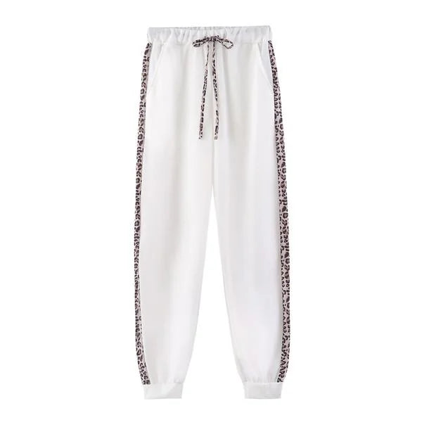 Women's Leopard-Print Zip-Up Tracksuit with Contrast Stripe Hoodie & Joggers - Flat Lay Pants