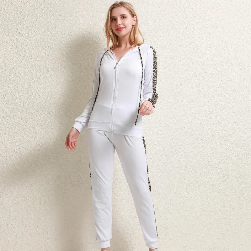 Women's Leopard-Print Zip-Up Tracksuit with Contrast Stripe Hoodie & Joggers - Standing Front