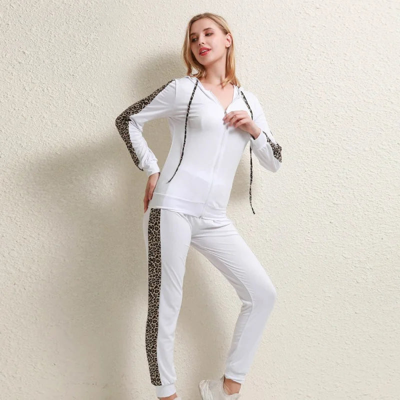 Women's Leopard-Print Zip-Up Tracksuit with Contrast Stripe Hoodie & Joggers - Standing Side