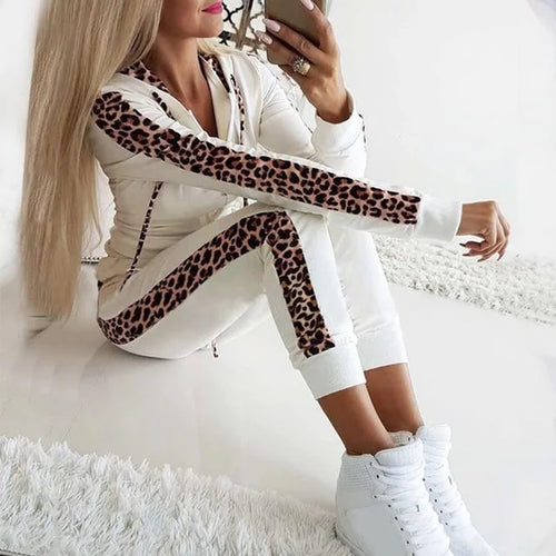 White Women's Leopard-Print Zip-Up Tracksuit with Contrast Stripe Hoodie & Joggers