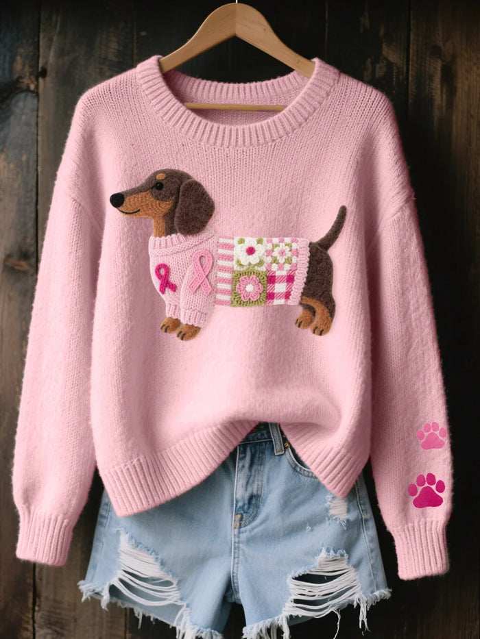 Pink Women's Printed Sweater with Dachshund Embroidery & Ribbed Cuffs