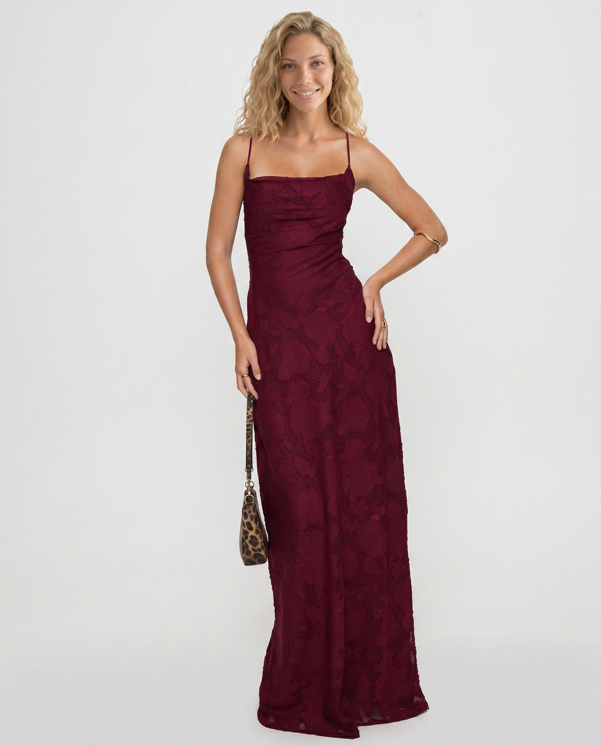 Red Women's Petite Maxi Dress with Cowl Neck & Lace-Up Open Back