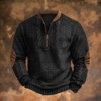 Black Men's Quarter Zip Sweater with Cable Knit Detail & Suede Elbow Patches — Bennett